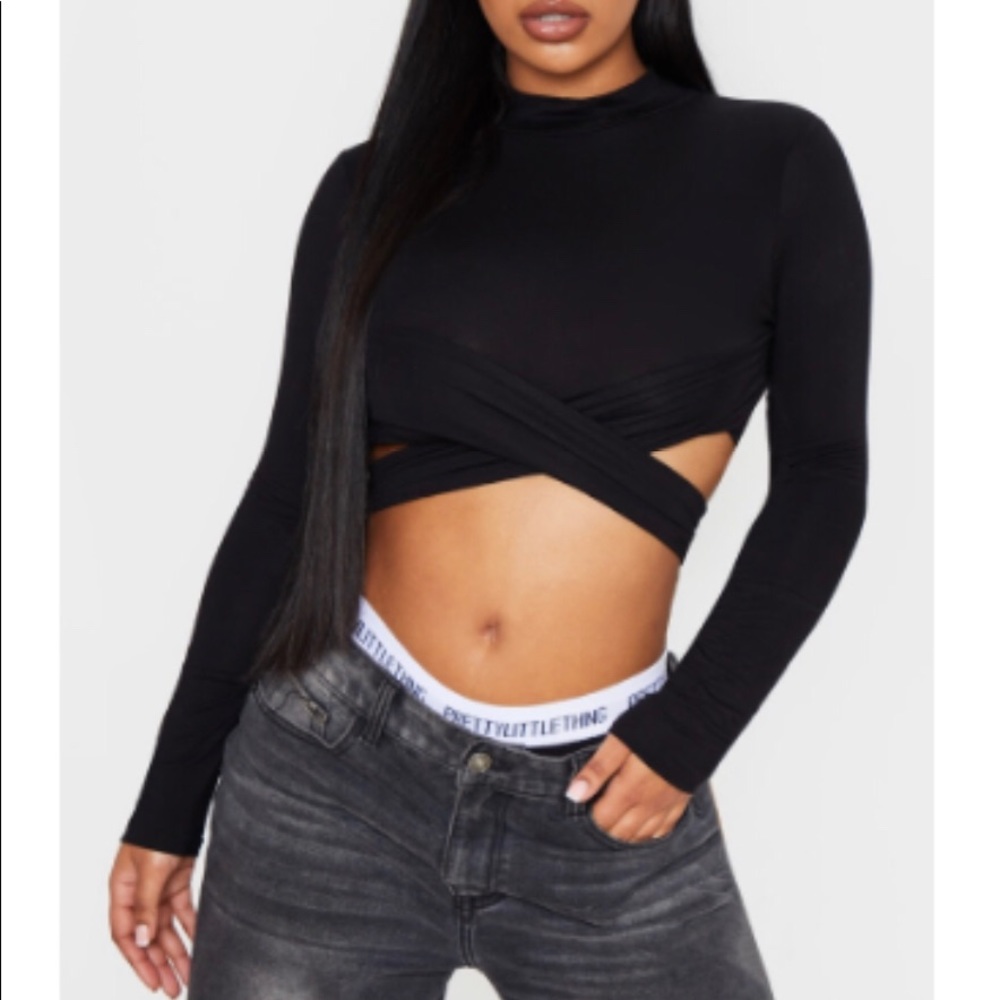 PLT | Black High Neck Tie Long Sleeve Crop T Shirt